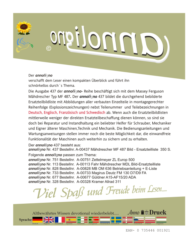 Massey Ferguson Mähdrescher Typ MF 437 Bild Ersatzteilliste mit Explosionszeichnungen in 4 Sprachen - annoligno 437